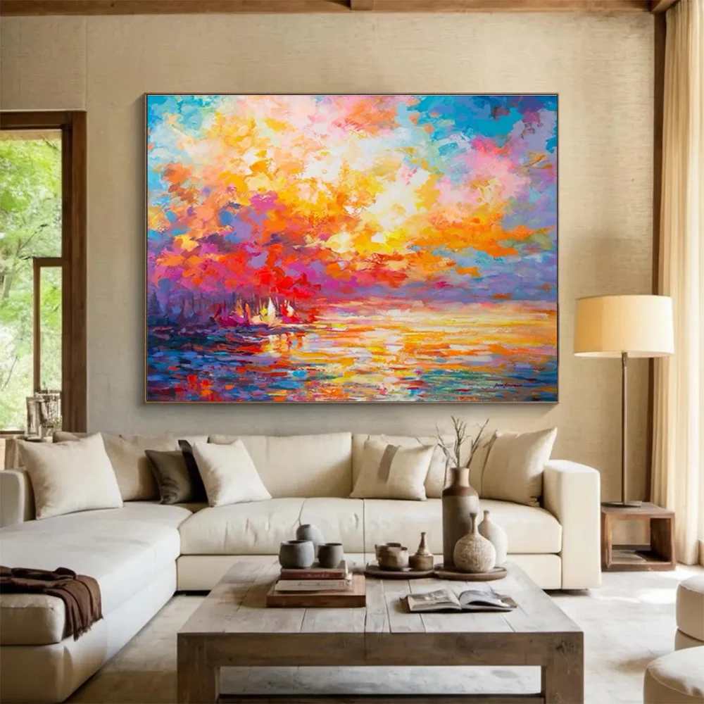 Adding Original Handmade Bedroom Sunset Colorful Abstract Canvas Artwork F5OUO